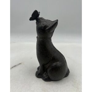 Cast Iron Black Sitting Cat with Butterfly Figurine Whimsical Garden Decor